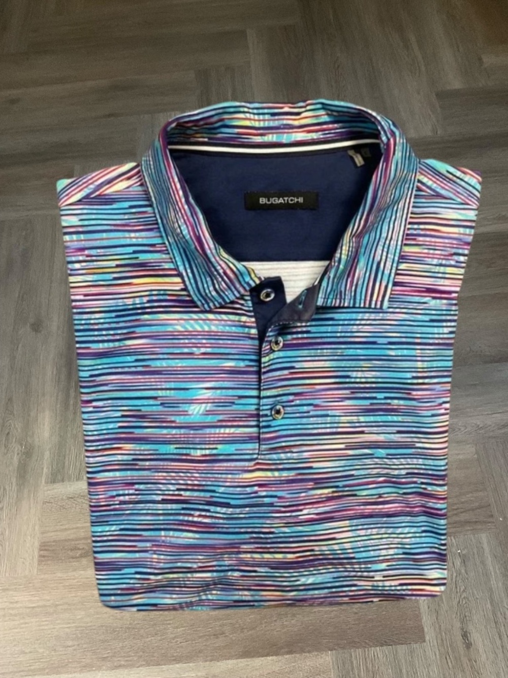 BUGATCHI Geometric Print Classic Golf Polo Shirt Mens Large‎ Blue Purple Yellow